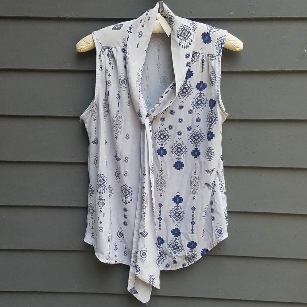 Elena Baldi Gray White Sheer Print Top with tie size Medium